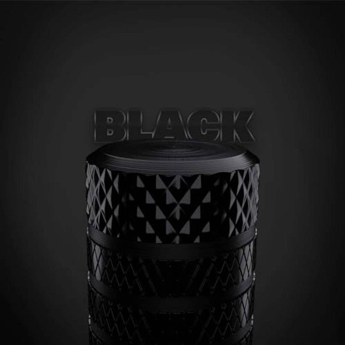 Black valve stem cap set, geometric texture and flat top opening for valve fit