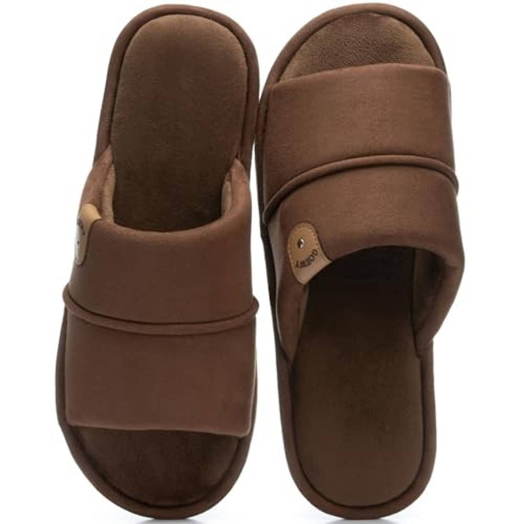Coffee-brown men's open-toe slippers, side view with cushioned insole lining