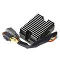 Black finned voltage regulator module with gray connector and multicolor wires