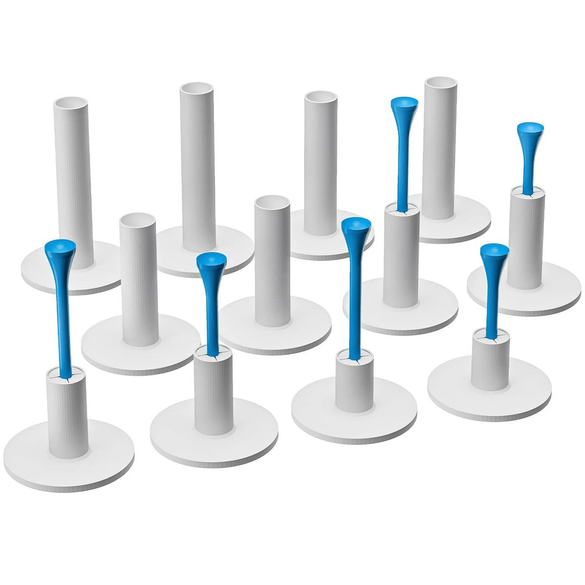 Set of rubber golf tees on round white bases with blue tips