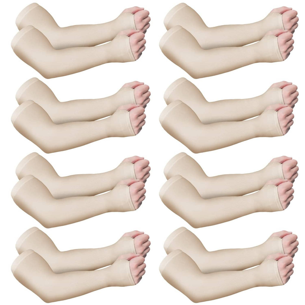 Set of beige protective arm sleeves with thumb openings, shown in multiple positions