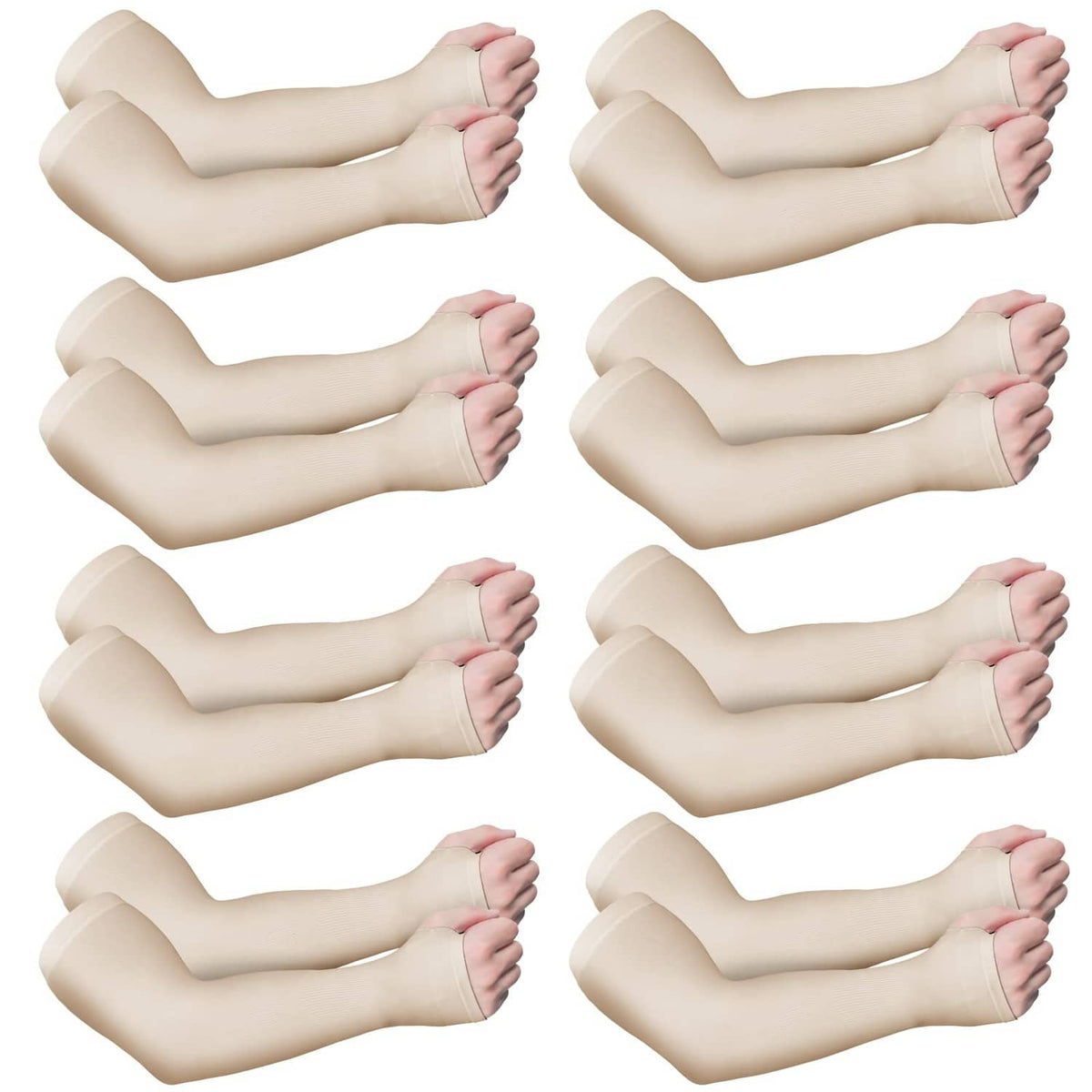Set of beige protective arm sleeves with thumb openings, shown in multiple positions
