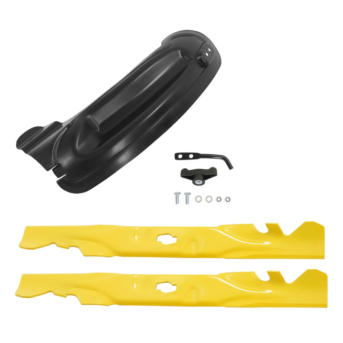 Mulching blade kit with black deflector, two yellow blades, bolts, and washers