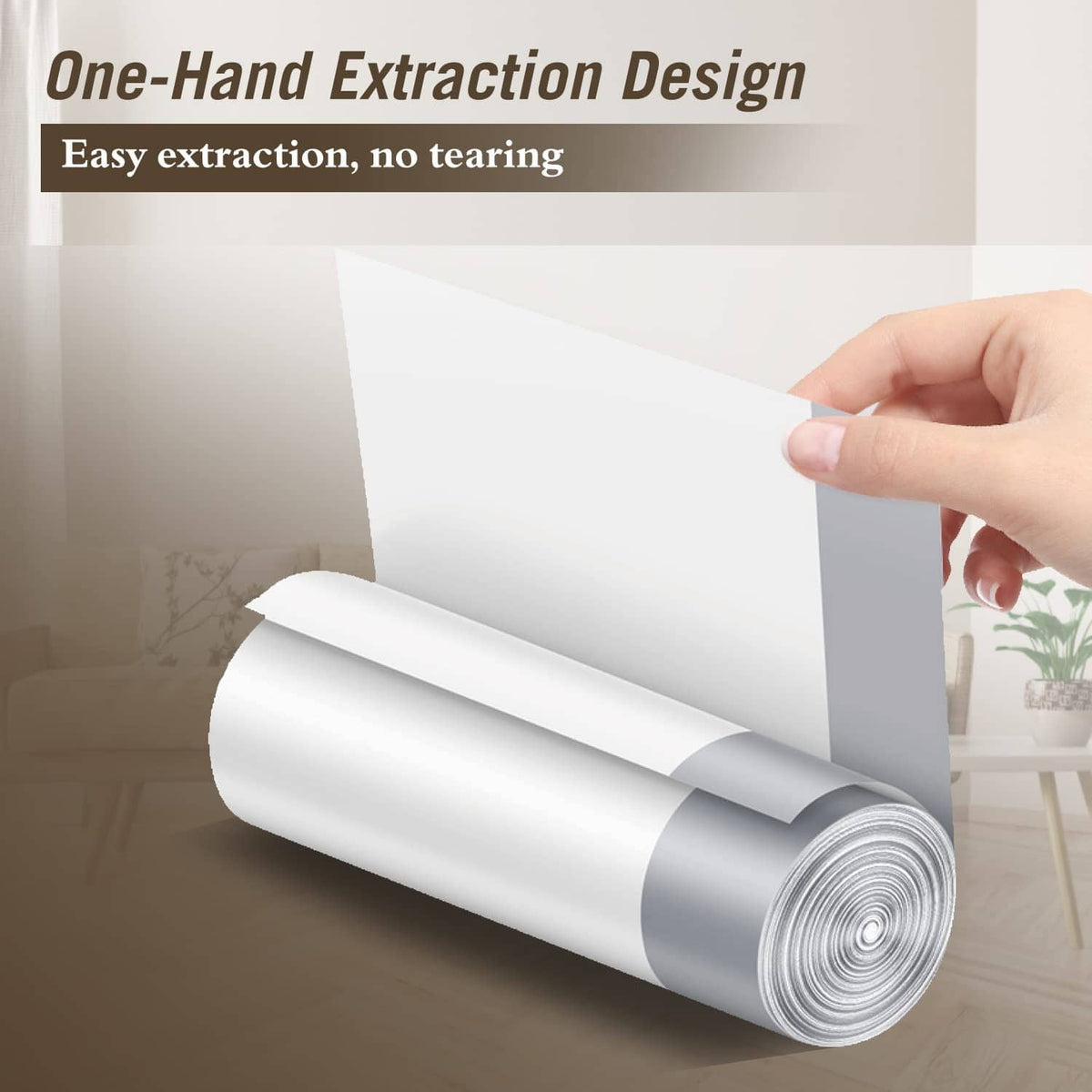 Roll of white trash bags being pulled from dispenser for one-hand extraction