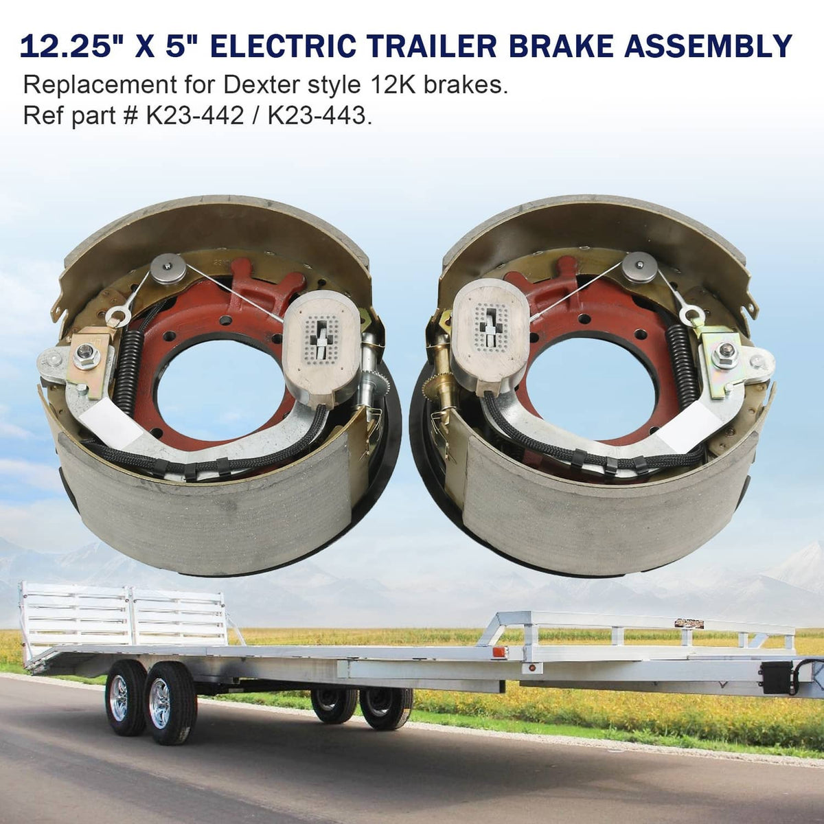 Electric trailer brake backing plate assemblies, two round brake housings with actuator modules