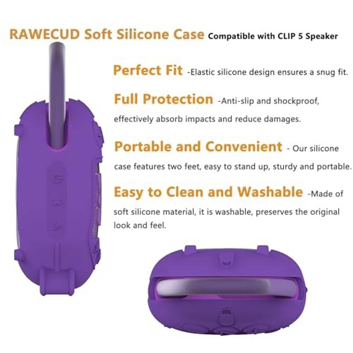 Purple silicone speaker cover with feet, elastic fit, and control cutouts