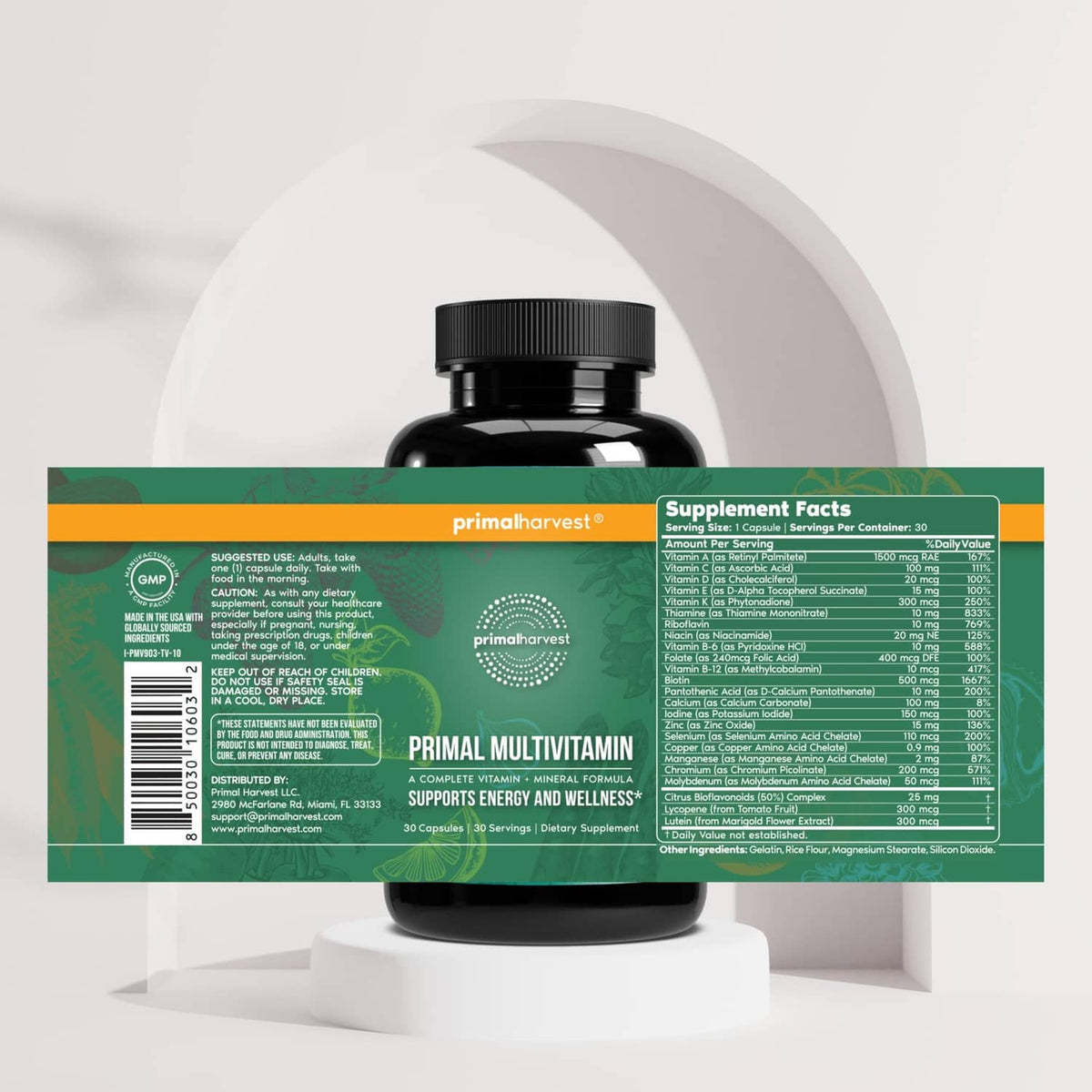Multivitamin supplement bottle with back label Supplement Facts table.