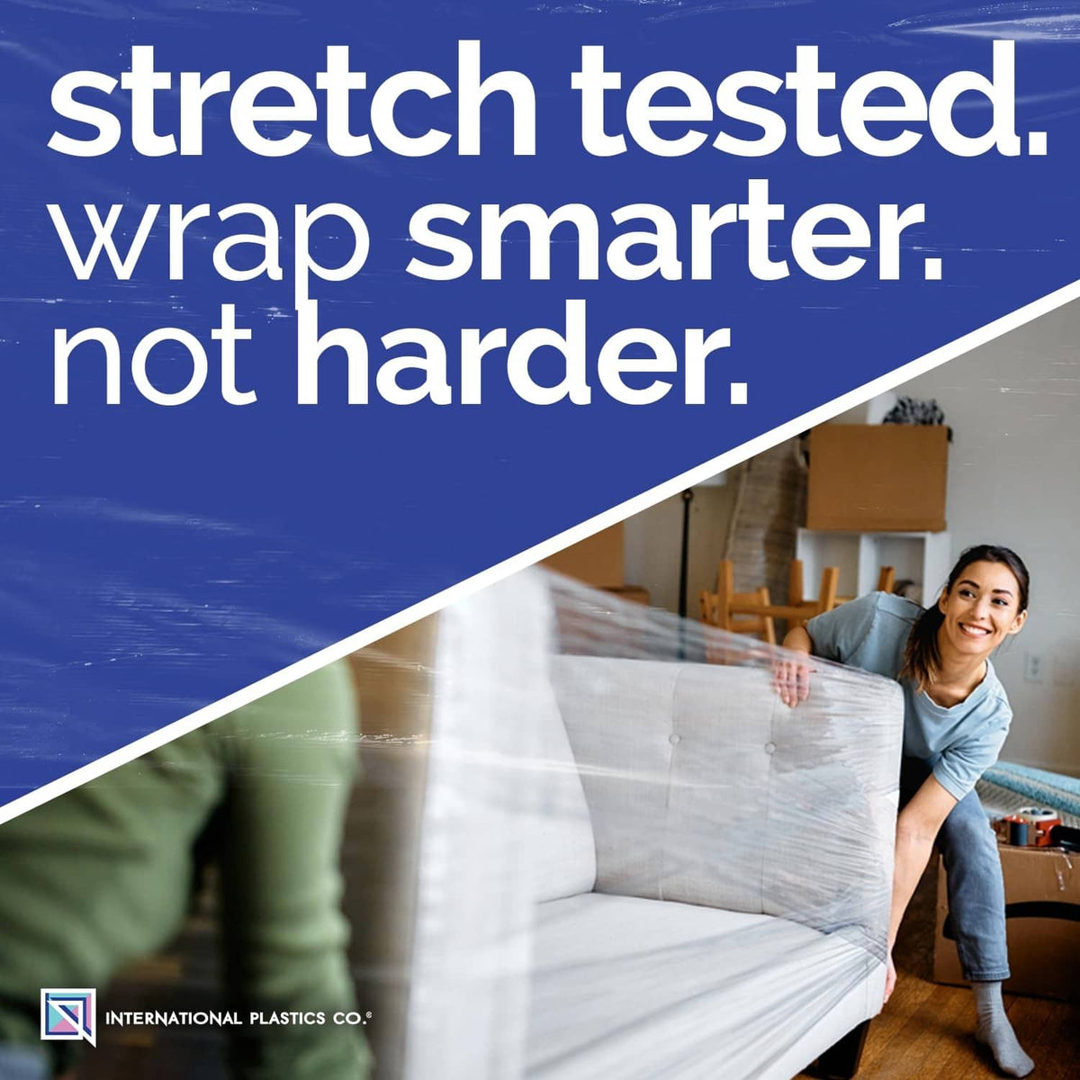 Clear plastic stretch wrap covering a couch and chair cushions
