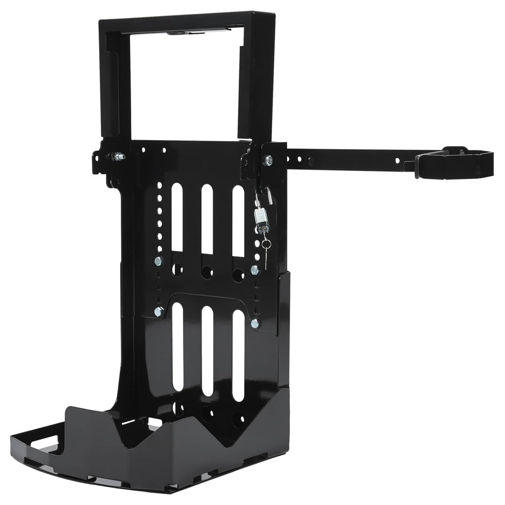Black trailer rack mount with perforated plate, base platform, and latch bracket