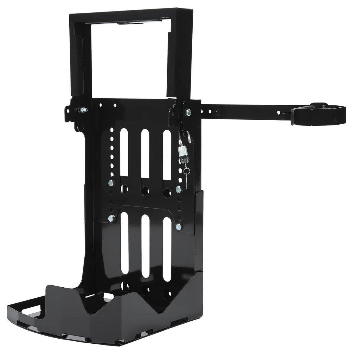 Black trailer rack mount with perforated plate, base platform, and latch bracket