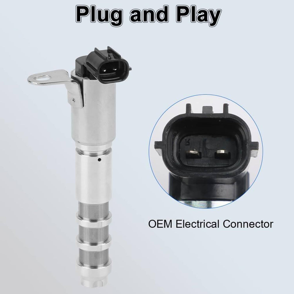 Variable valve timing solenoid with black OEM-style electrical connector and mounting tab