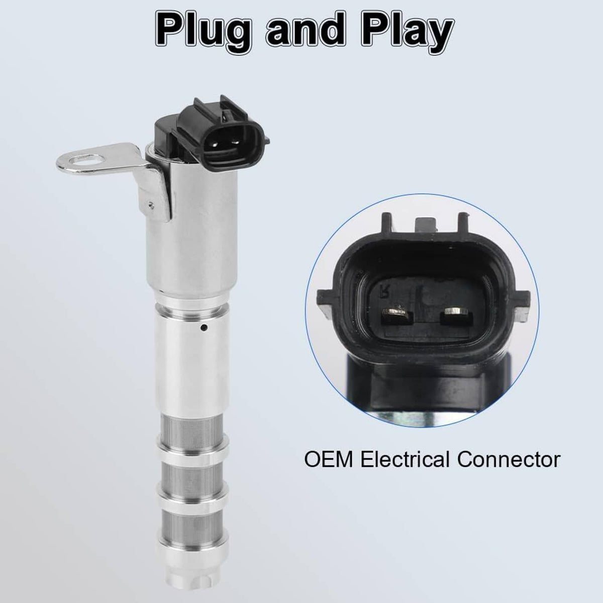 Variable valve timing solenoid with black OEM-style electrical connector and mounting tab