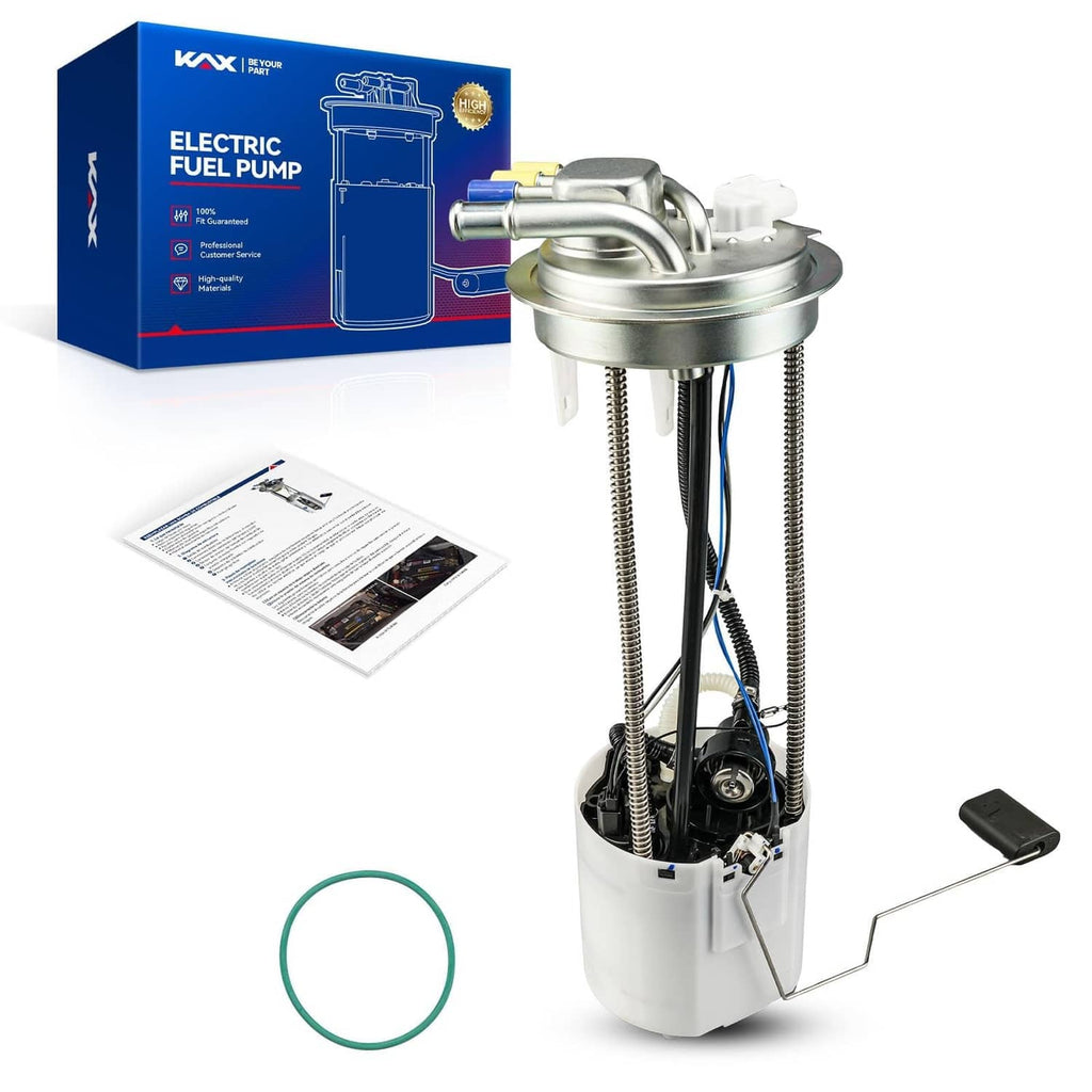 Electric fuel pump assembly with white housing, metal top, and wiring harness included