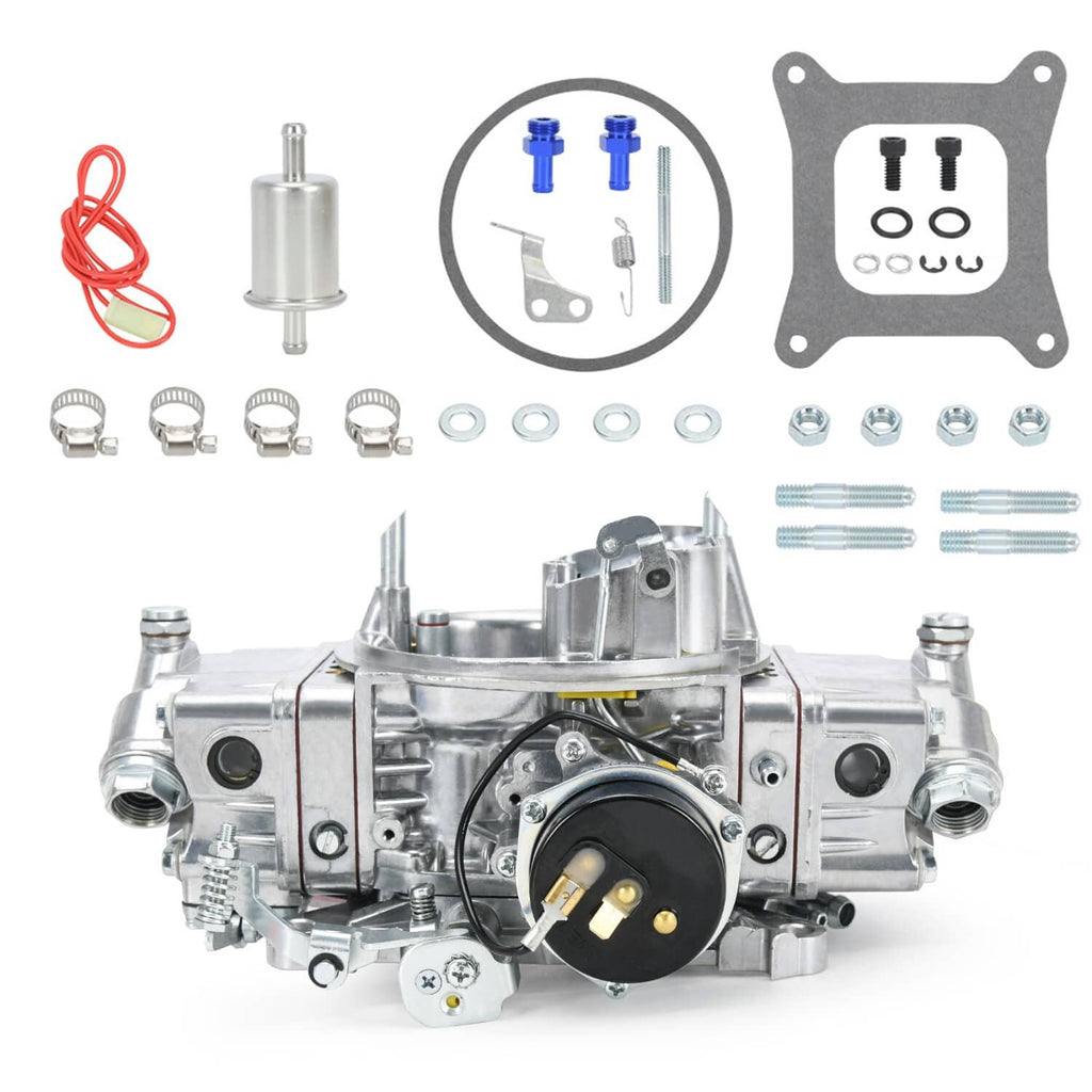 4-barrel carburetor kit with e-choke module, hoses, and gasket hardware