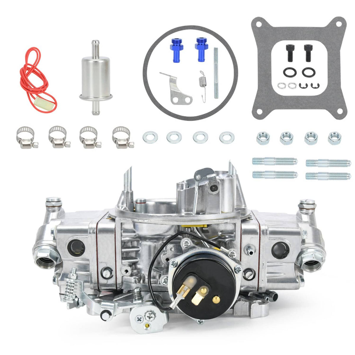 4-barrel carburetor kit with e-choke module, hoses, and gasket hardware