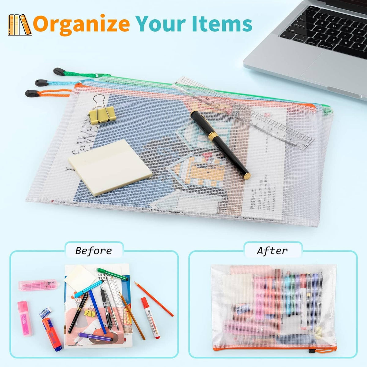 Transparent A4 zipper pouch with colorful zipper trim for organizing papers
