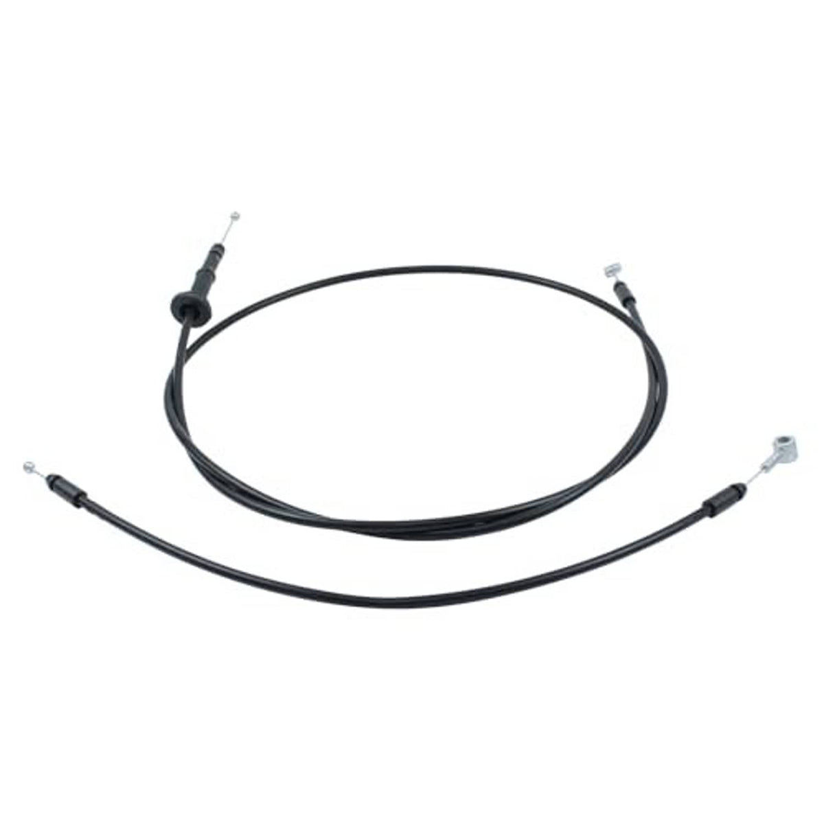 Black hood latch release cable assembly with center bracket and metal end terminals