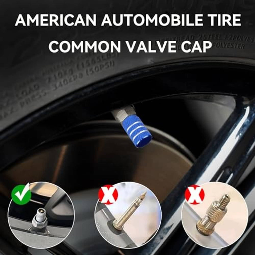 Blue valve cap on tire valve stem with close-up fit comparison