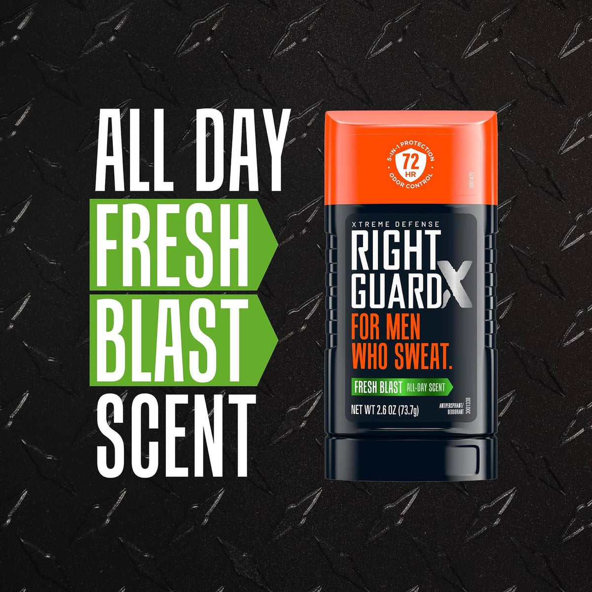 Right Guard antiperspirant stick, black can with orange cap labeled for freshness