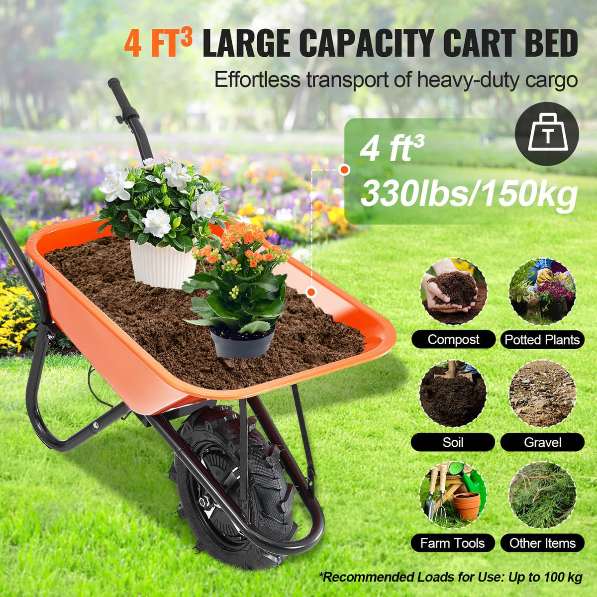 Orange electric one-wheel wheelbarrow cart with plants in the bed and thick black tire