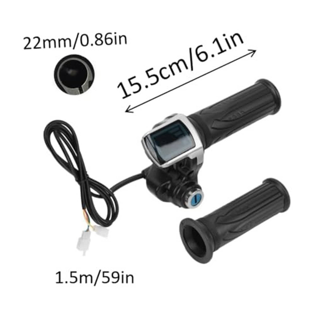 Throttle grip lock set with LED screen module, two black grips, and size diagram