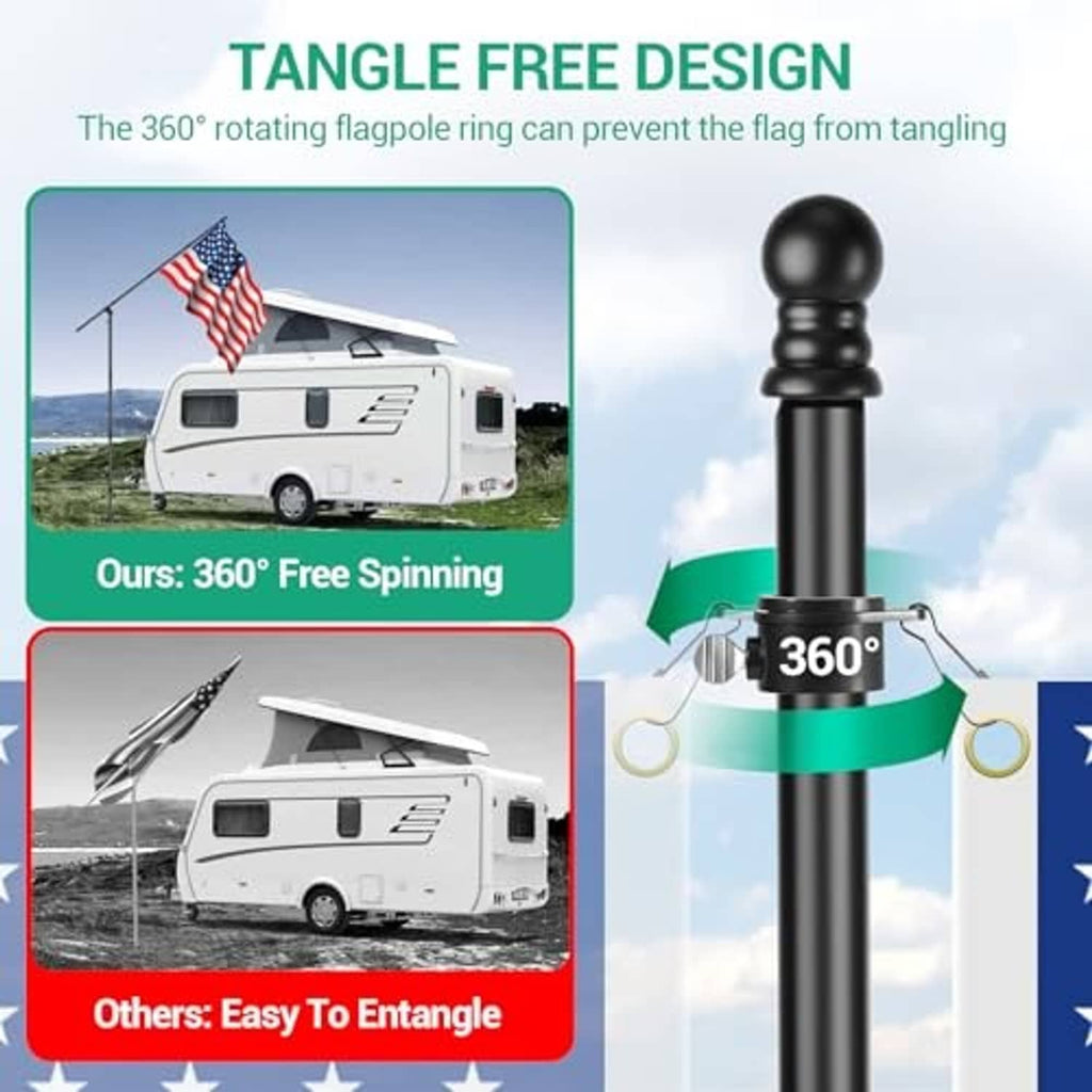 Black flag pole with 360 free-spinning top and US flag to prevent tangling
