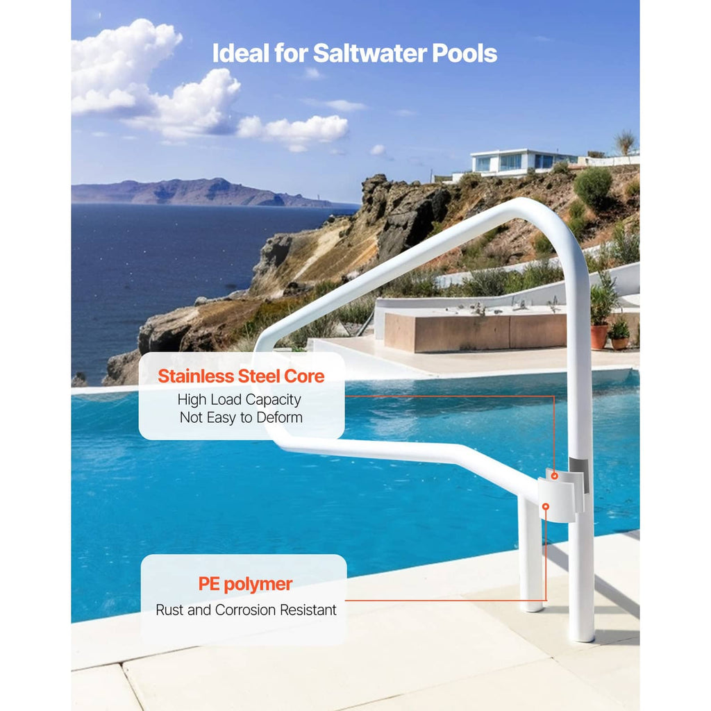 Milky white stainless steel pool handrail mounted on the pool deck edge