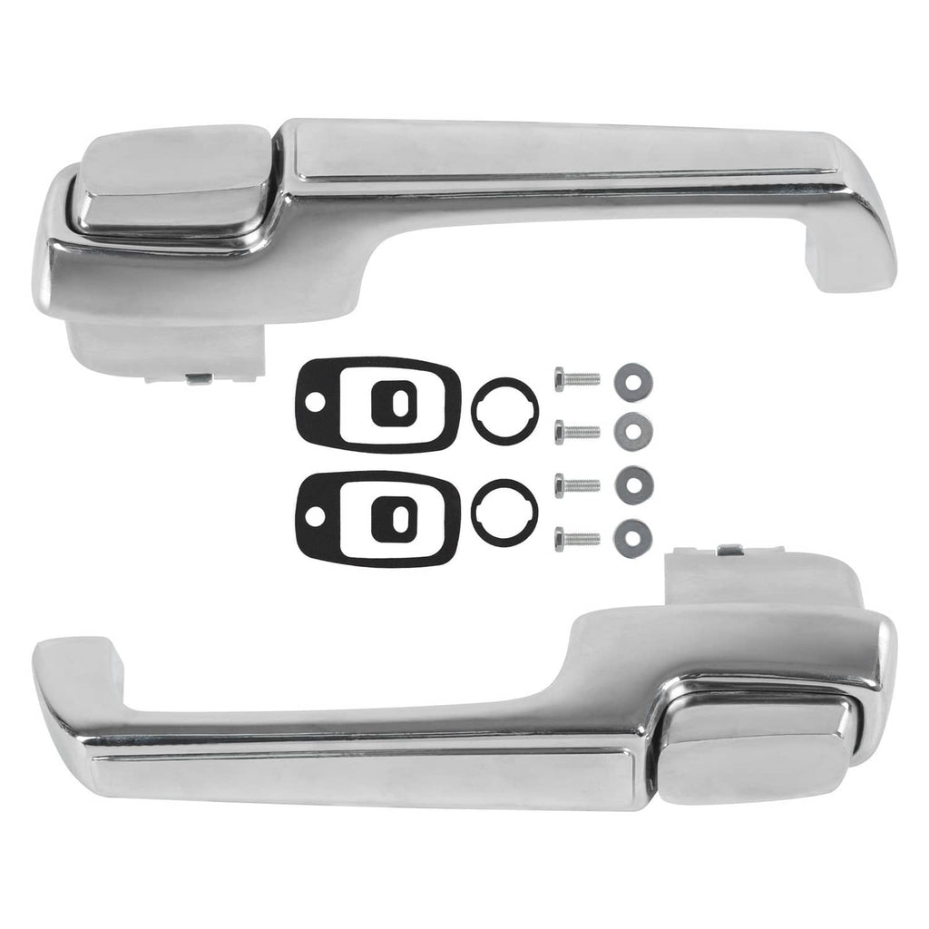 Chrome outside door handle pair with black mounting plates and screws