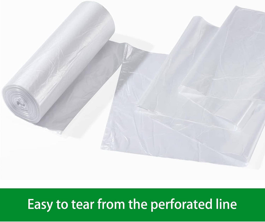Perforated clear trash bag liners, stacked rolls and folded sheets