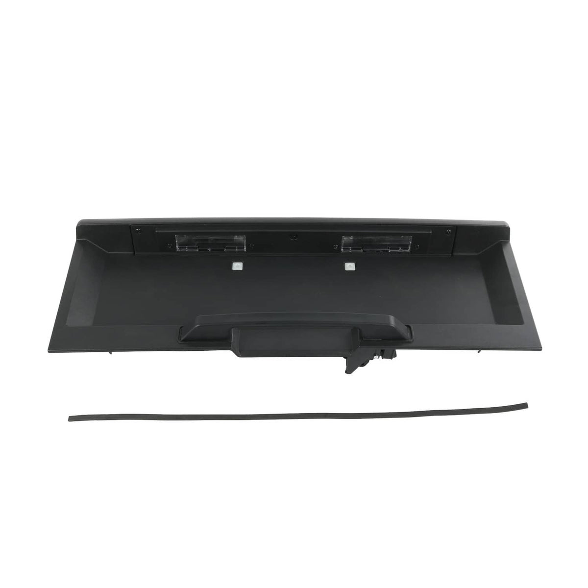 Tailgate license pocket with top access slots and central handle, black plastic
