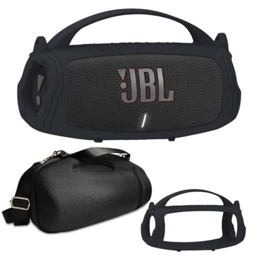 Black JBL silicone speaker cover with zip travel case and carry handle strap