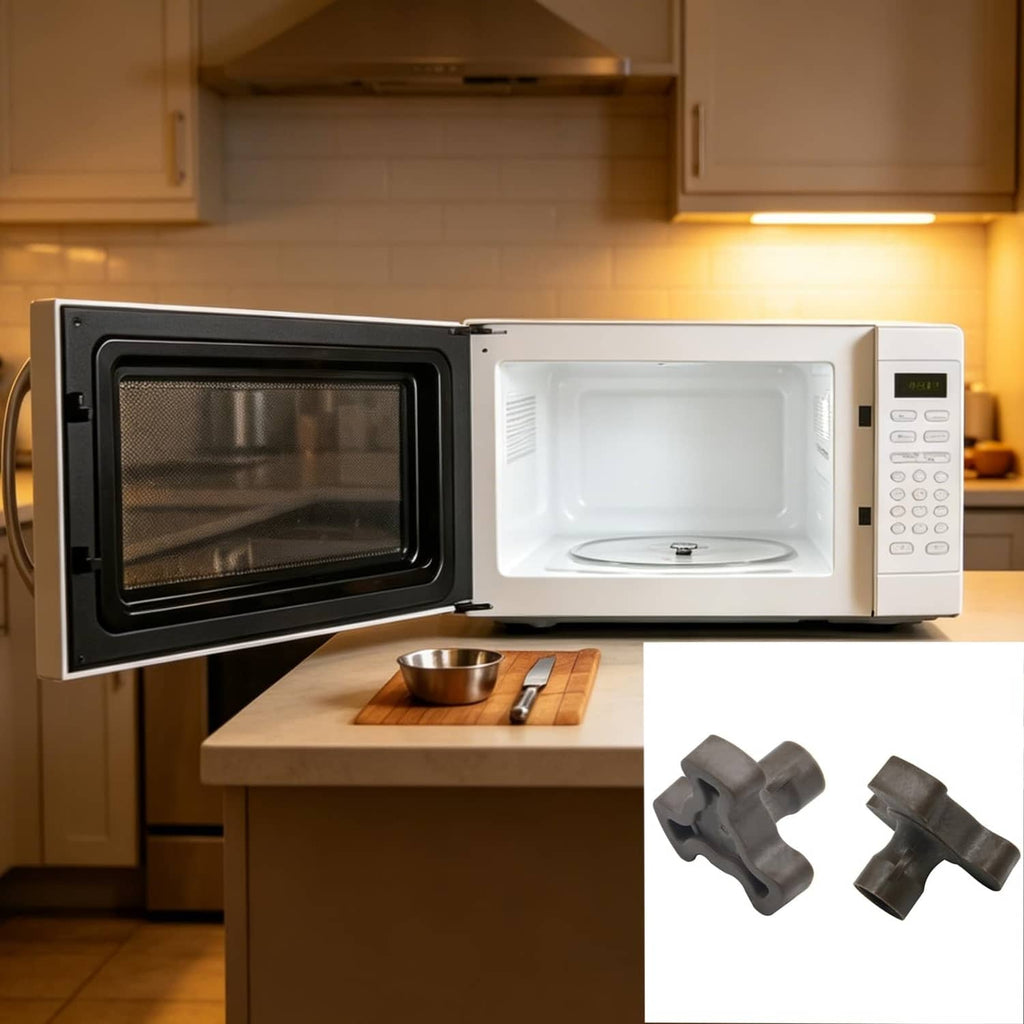 Gray microwave turntable coupler shafts, 2-piece set shown with microwave oven