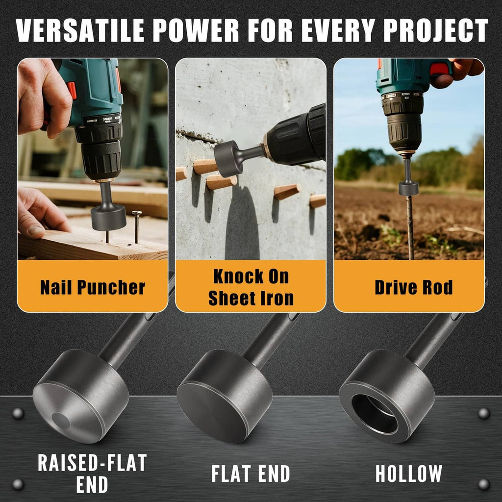 SDS-Plus ground rod driver attachment set with raised-flat end and hollow end tips