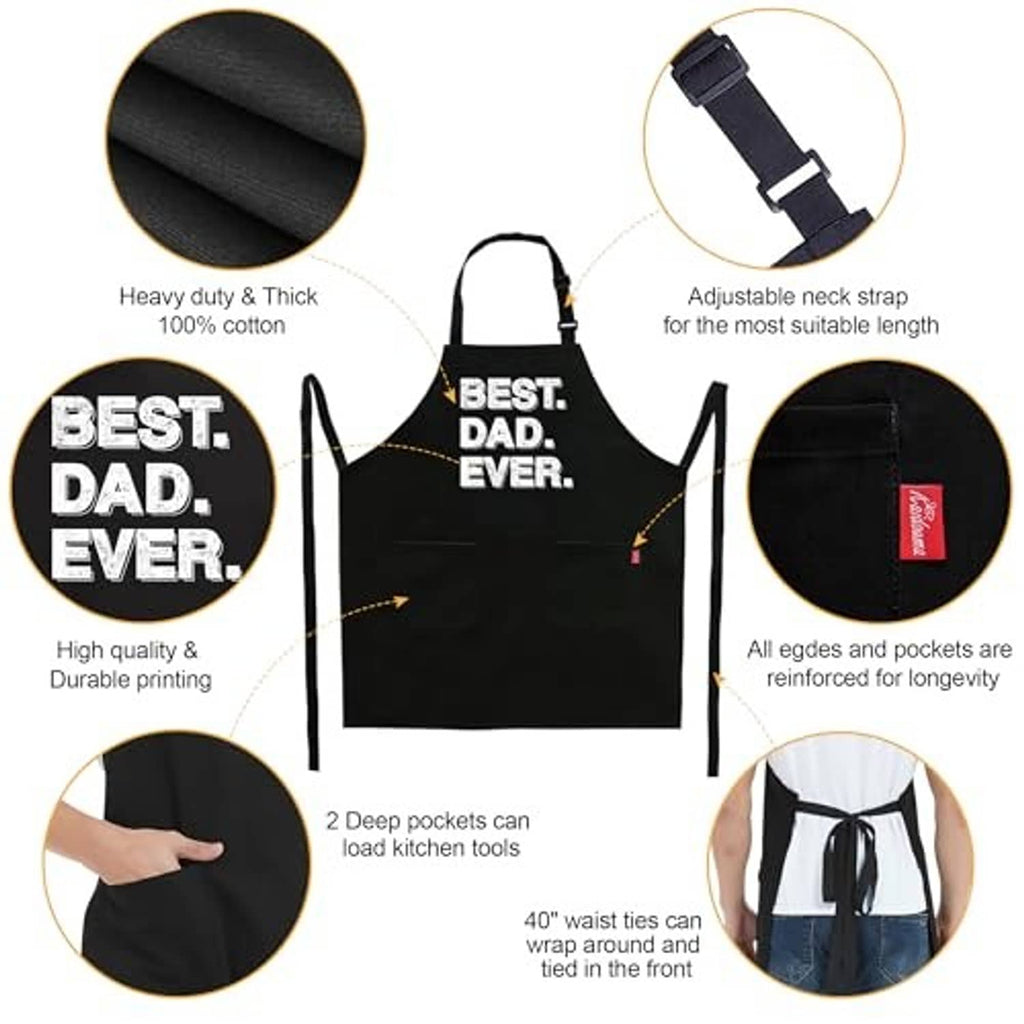Black dad apron design with “Best Dad Ever” text, pockets, and adjustable neck strap
