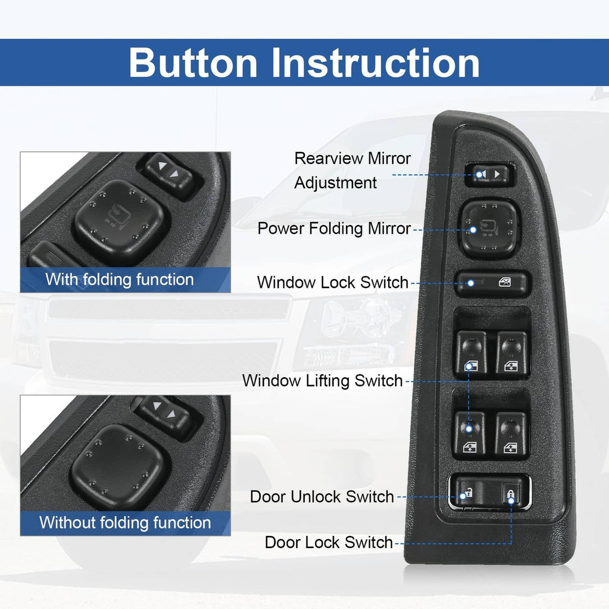 Black driver side window switch with multiple button controls and lock switch