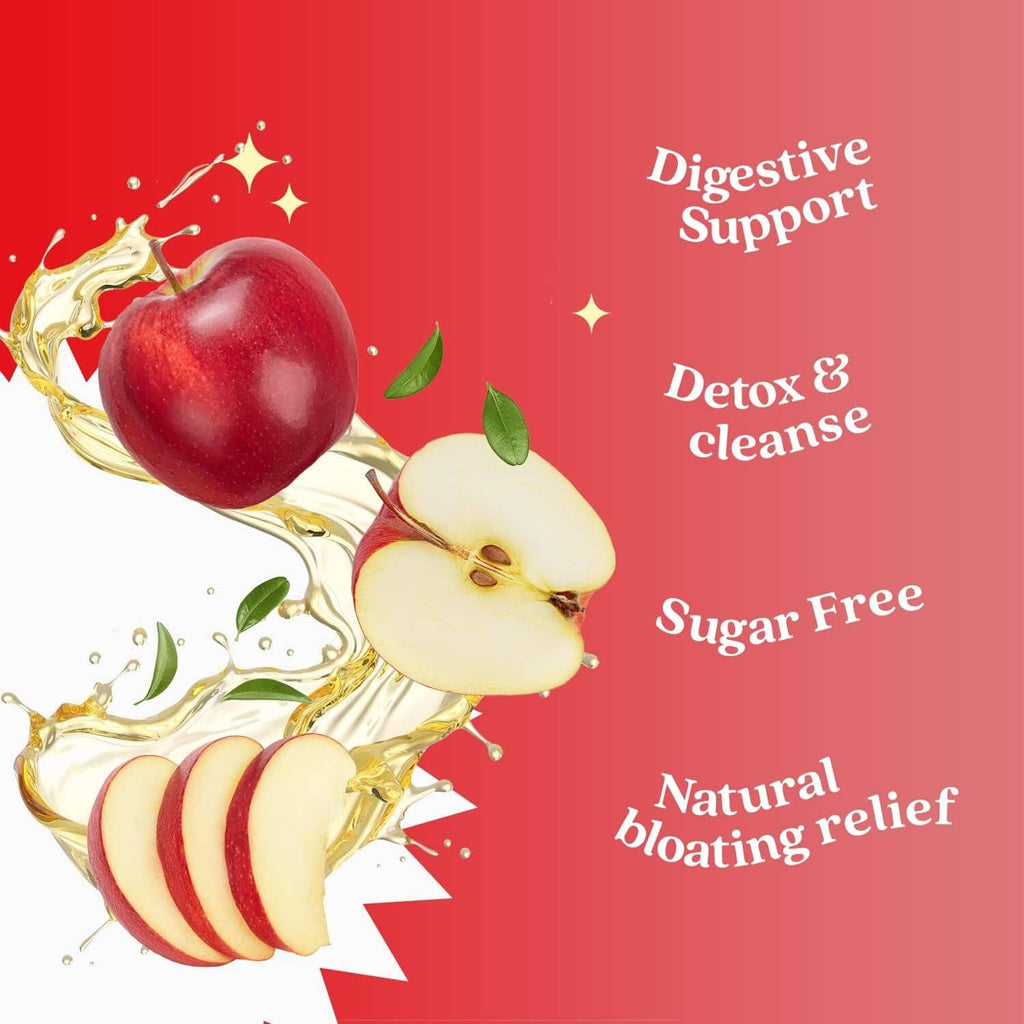 Sugar-free apple cider vinegar gummy product panel with apple slices and detox support text