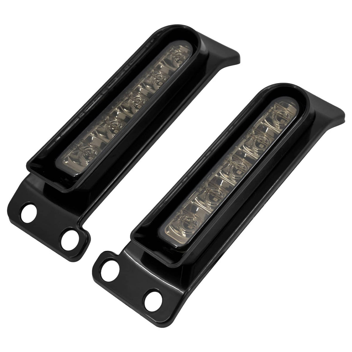Close three-quarter view of black LED filler lights with clear lens strips (pair).
