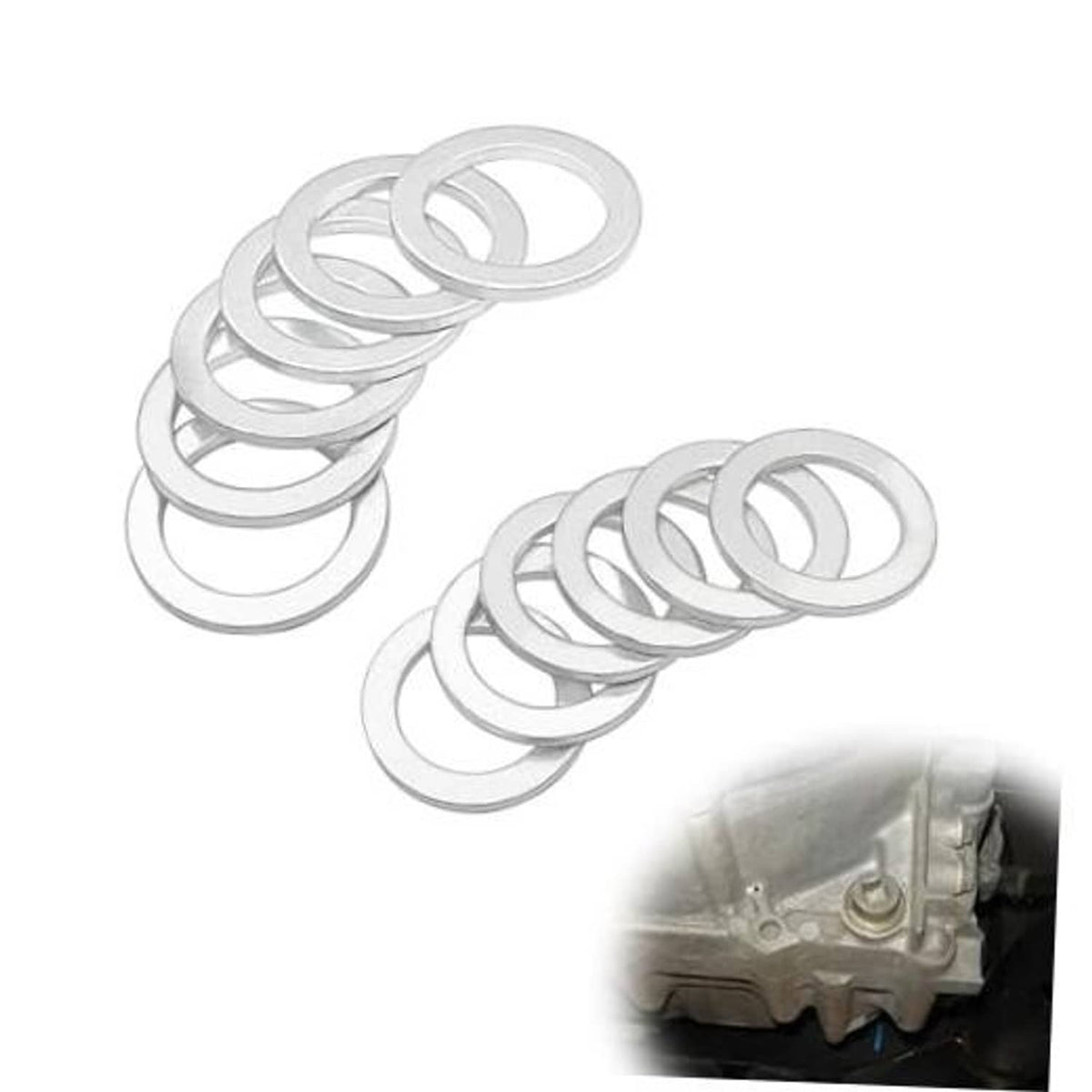 Six silver crush washers with circular sealing rings, shown as a paired set