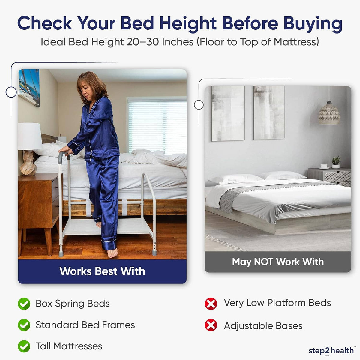 Bed step stool with safety rails stepping up to a bed for easy access