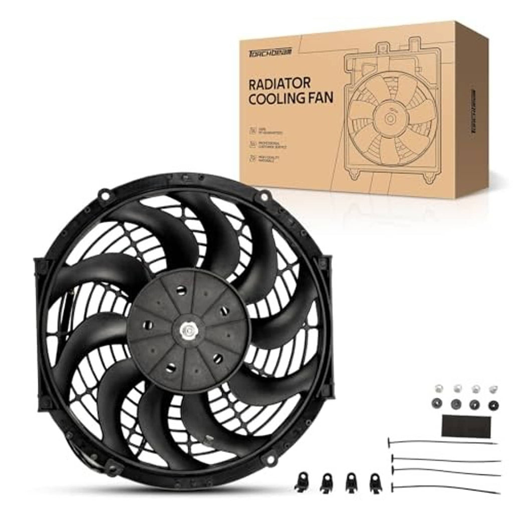 Black 10-inch radiator cooling fan kit with fan, screws, and mounting hardware