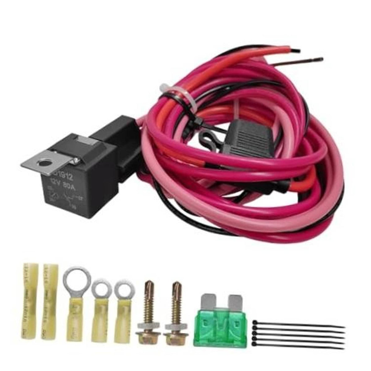 Waterproof fuel pump relay wiring kit with terminals, fuse, and pink/red wire leads