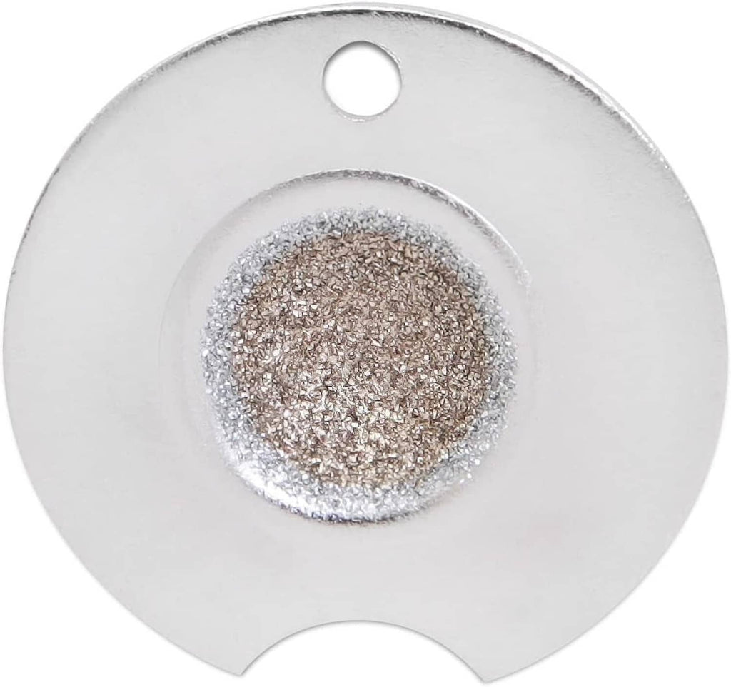 Silver pool cue tip shaper disk with abrasive grit center and top hole