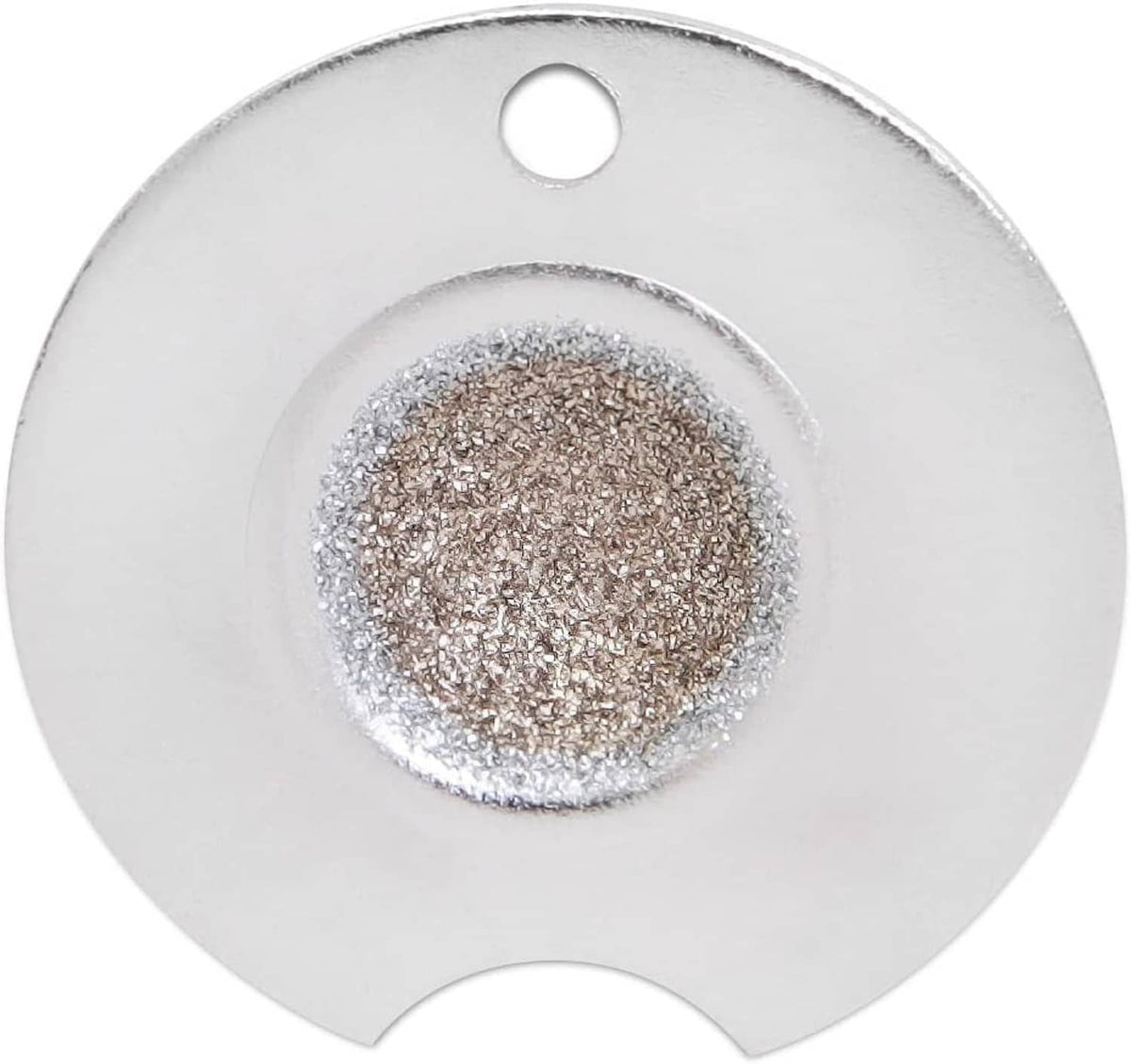 Silver pool cue tip shaper disk with abrasive grit center and top hole