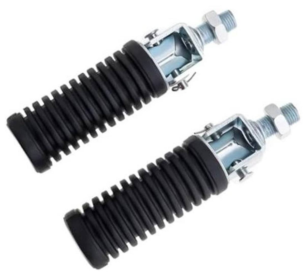 Motorcycle folding rear foot pegs, pair, black accordion rubber boots with silver brackets