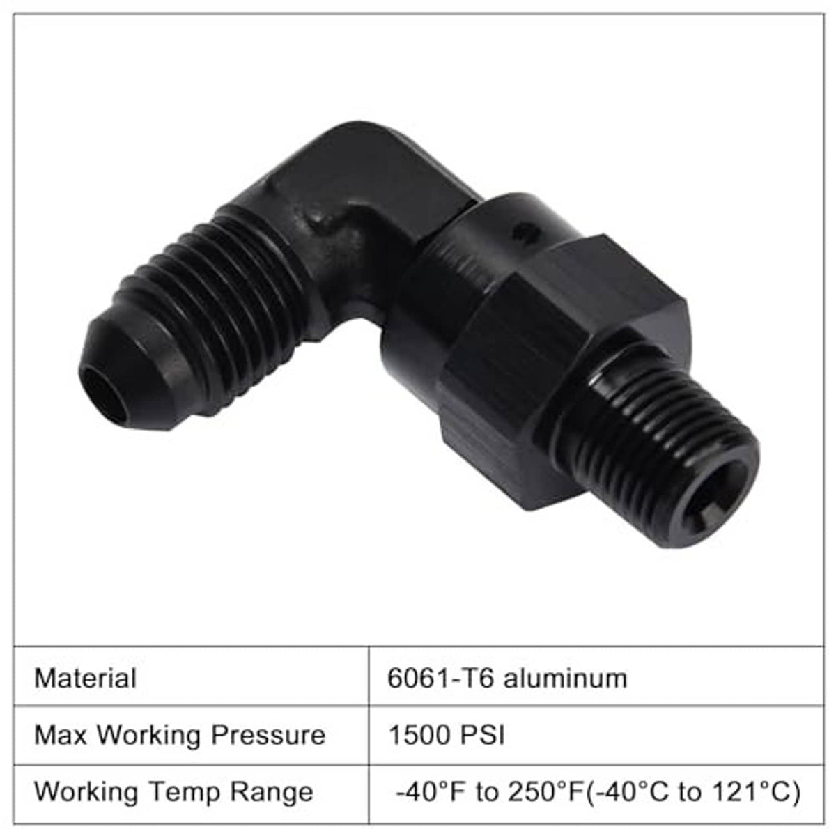Black 90-degree swivel adapter fitting with dual threaded ports