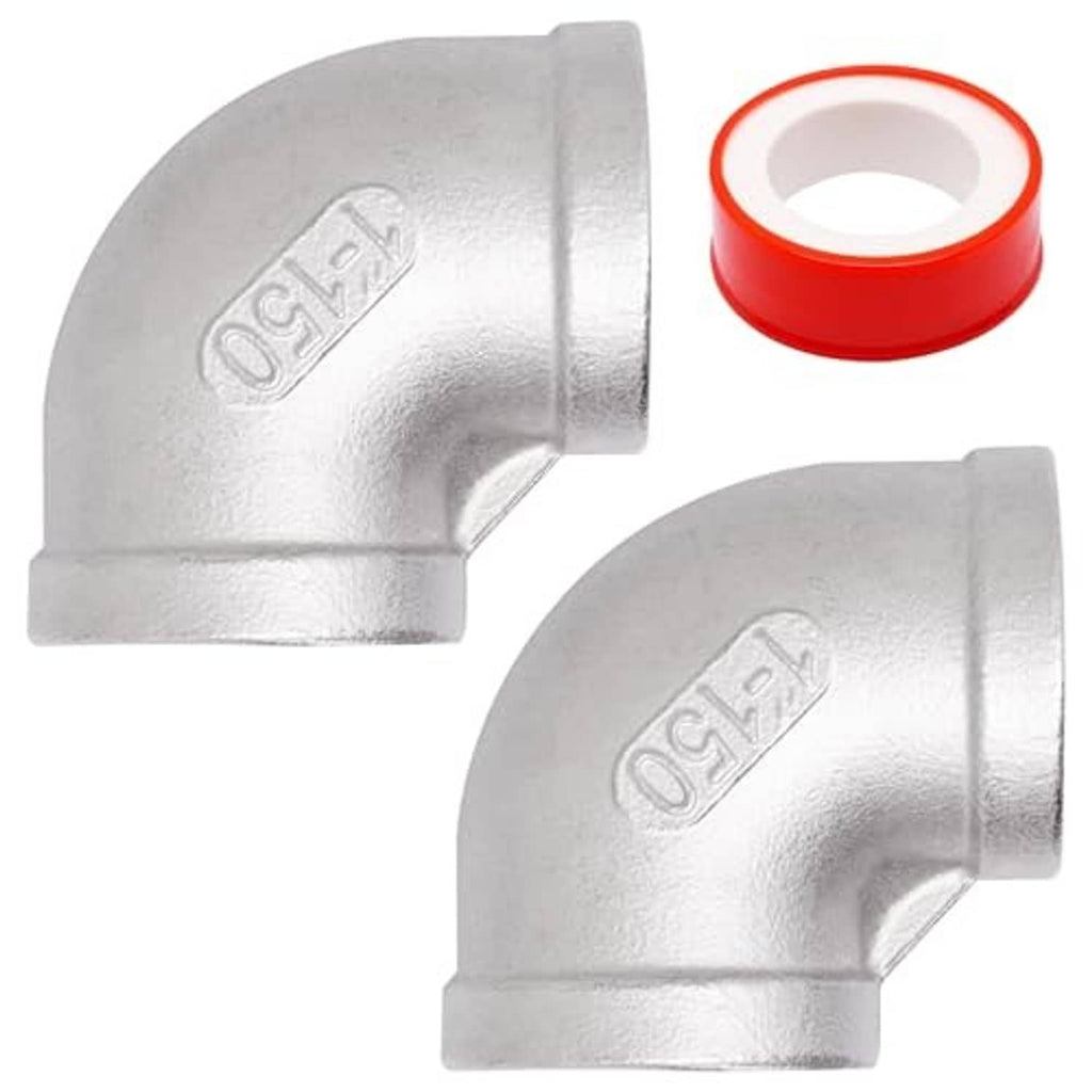 304 stainless steel 1-inch 90° elbow fitting, female-to-female NPT threads, red sealing tape