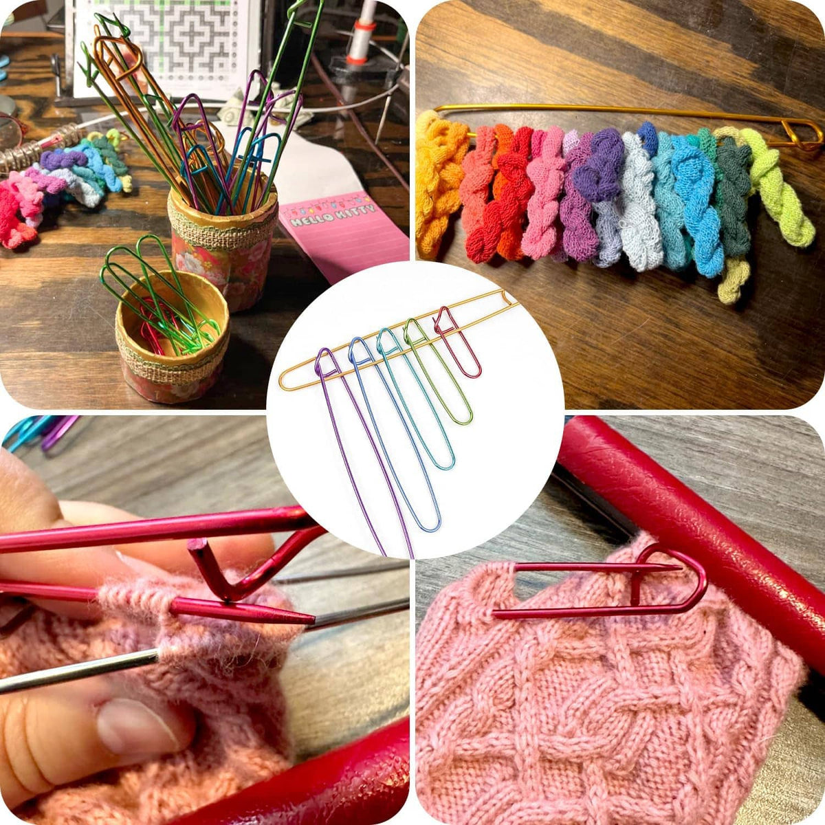 Colorful knitting stitch markers with knit projects and needles (set of holders)
