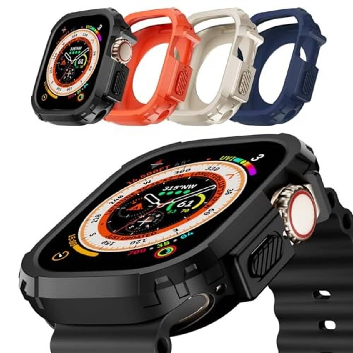 Four-piece shockproof bumper set for Apple Watch Ultra, black, orange, white, and blue