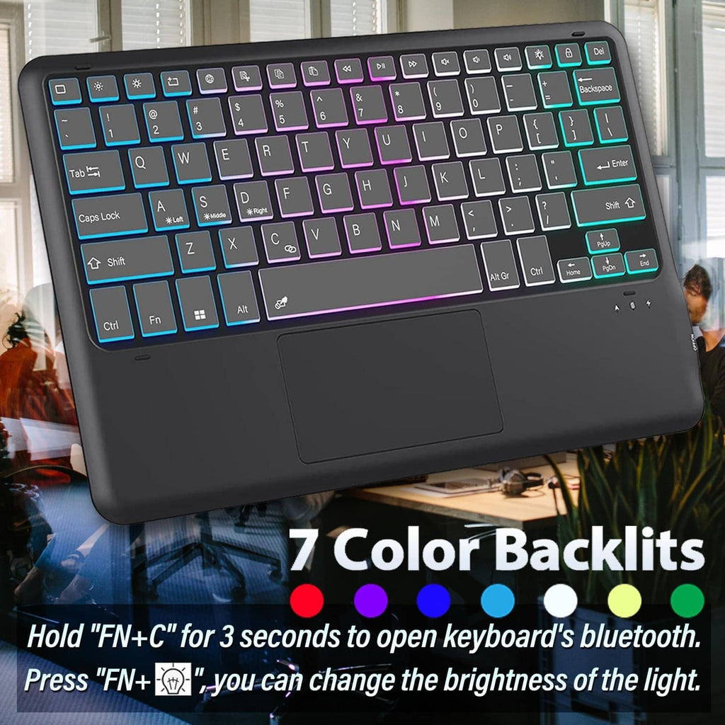 Black keyboard case for tablet with colorful backlit keys and built-in touchpad