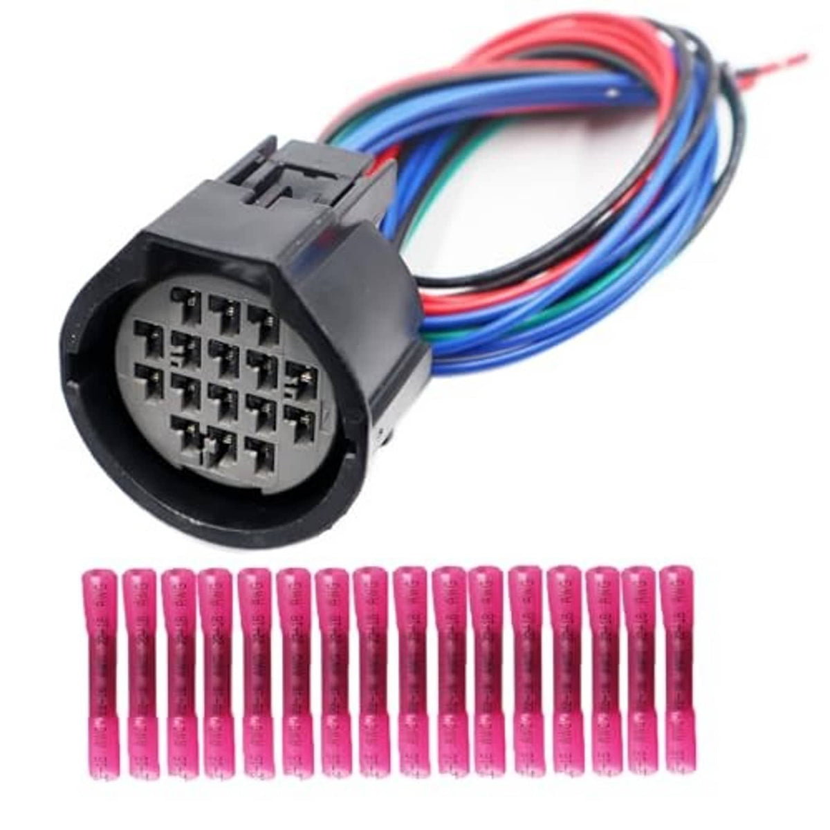 Headlight connector pigtail, angled view: round multi-pin connector with color-coded wires